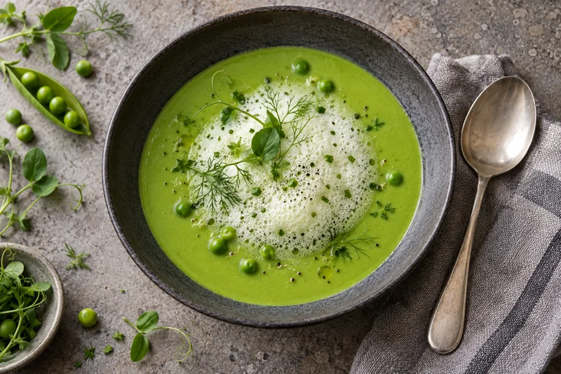 Feiner Kräuterschaum auf einer grünen Suppe